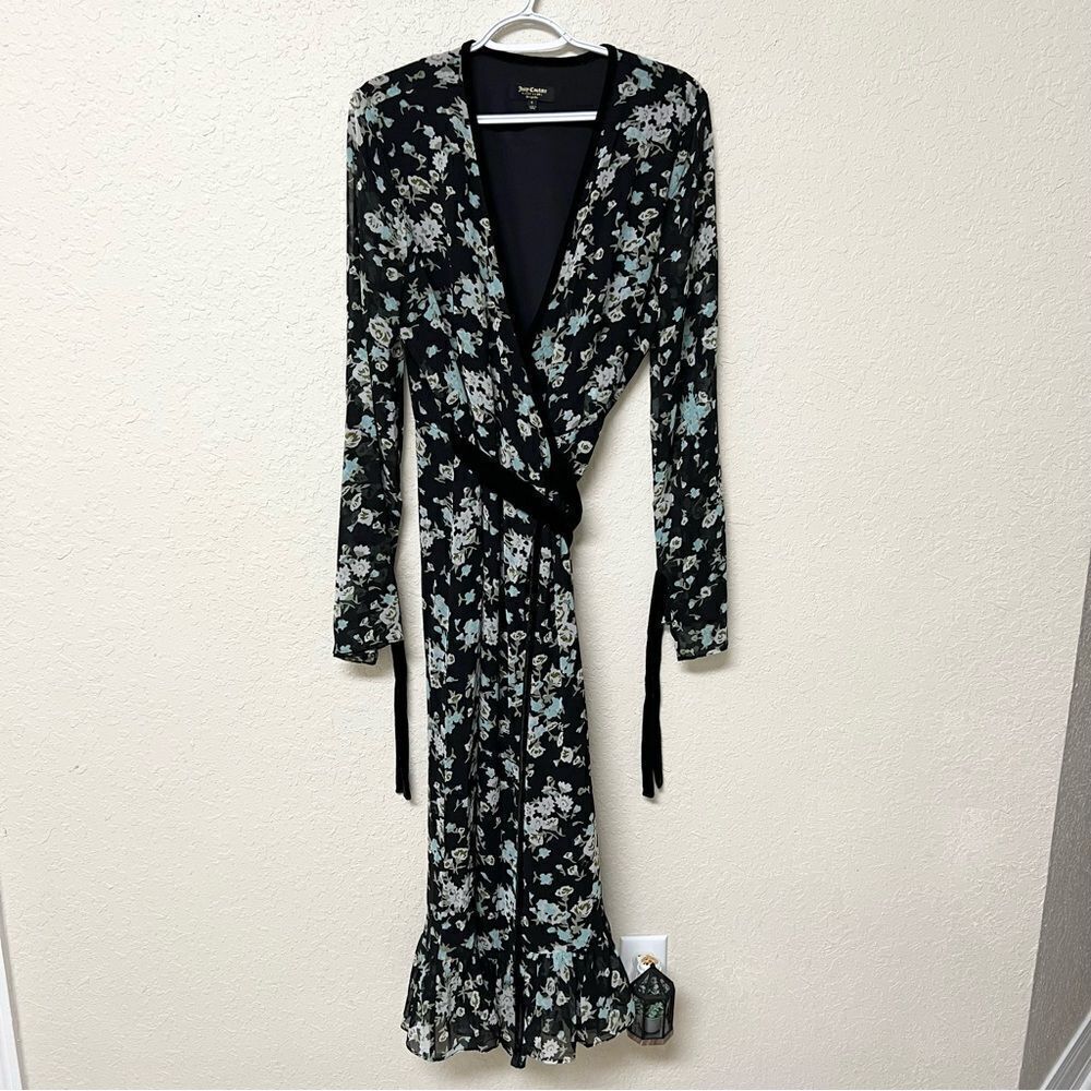 Juicy Couture Black Label Floral Tie Faux Wrap Maxi Dress Size L Polyester - Picture 1 of 6